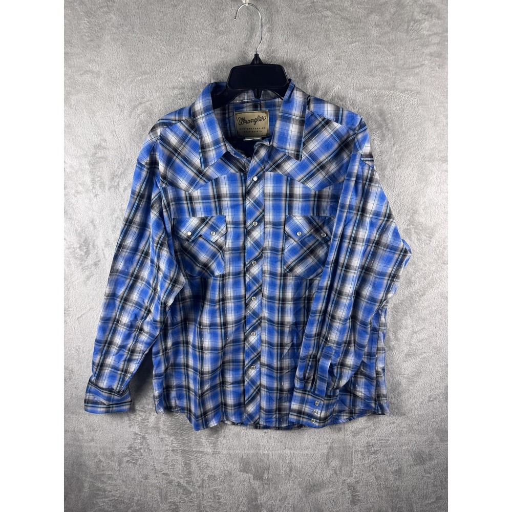 Wrangler Shirt Mens XL Blue Plaid Western Pearl Snap Long Sleeve Rodeo Casual